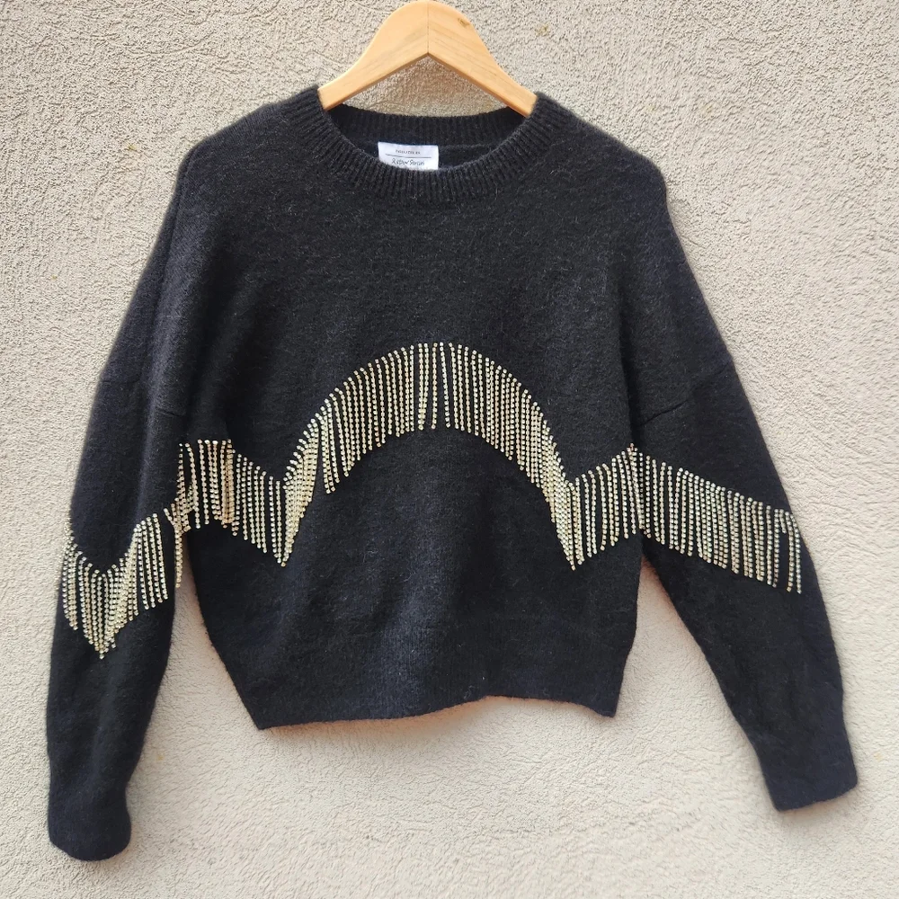 & OTHER STORIES Women’s Rhinestone Fringe Crop Sweater Small Black Wool Alpaca
